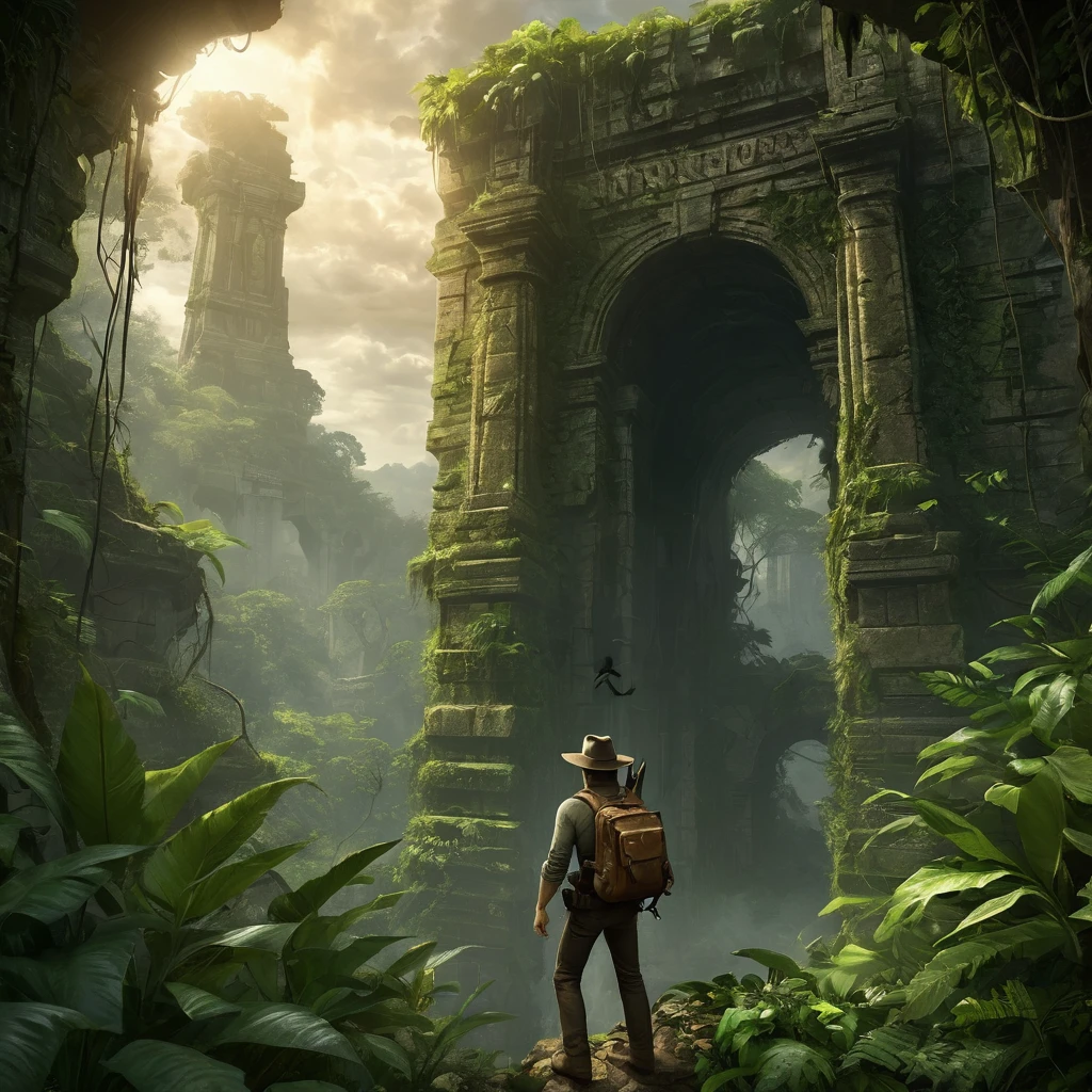 Create an incredibly adventurous and visually stunning image titled "Also Known Simply As Indy." Imagine a dynamic scene where the iconic archaeologist adventurer, Indy, is in the midst of an exhilarating expedition. He is depicted leaping across a perilous chasm in an ancient jungle temple, with vines and ancient stone carvings surrounding him.
In one hand, Indy clutches a priceless artifact that glows with an otherworldly light, while his other hand holds his signature bullwhip, mid-swing, aiding his daring escape. His fedora is firmly on his head, and his rugged leather jacket and weathered satchel add to his iconic look.
The background reveals the dense, vibrant jungle with towering trees, exotic plants, and hidden ruins peeking through the foliage. Dangerous traps and ancient mechanisms are visible, hinting at the perilous journey Indy has navigated. The sky is a dramatic mix of storm clouds and beams of sunlight breaking through, illuminating the scene with a golden hue.
The color palette should be rich and adventurous, with deep greens, earthy browns, and striking golds. Use dynamic lighting and shadow to highlight the action and tension of the moment. The entire image should evoke a sense of excitement, danger, and discovery, capturing the essence of Indy's thrilling adventures in a beautifully crafted and unique masterpiece.