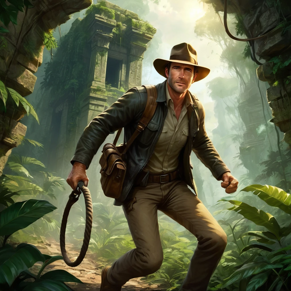 Create an incredibly adventurous and visually stunning image titled "Also Known Simply As Indy." Imagine a dynamic scene where the iconic archaeologist adventurer, Indy, is in the midst of an exhilarating expedition. He is depicted leaping across a perilous chasm in an ancient jungle temple, with vines and ancient stone carvings surrounding him.

In one hand, Indy clutches a priceless artifact that glows with an otherworldly light, while his other hand holds his signature bullwhip, mid-swing, aiding his daring escape. His fedora is firmly on his head, and his rugged leather jacket and weathered satchel add to his iconic look.

The background reveals the dense, vibrant jungle with towering trees, exotic plants, and hidden ruins peeking through the foliage. Dangerous traps and ancient mechanisms are visible, hinting at the perilous journey Indy has navigated. The sky is a dramatic mix of storm clouds and beams of sunlight breaking through, illuminating the scene with a golden hue.

The color palette should be rich and adventurous, with deep greens, earthy browns, and striking golds. Use dynamic lighting and shadow to highlight the action and tension of the moment. The entire image should evoke a sense of excitement, danger, and discovery, capturing the essence of Indy's thrilling adventures in a beautifully crafted and unique masterpiece.