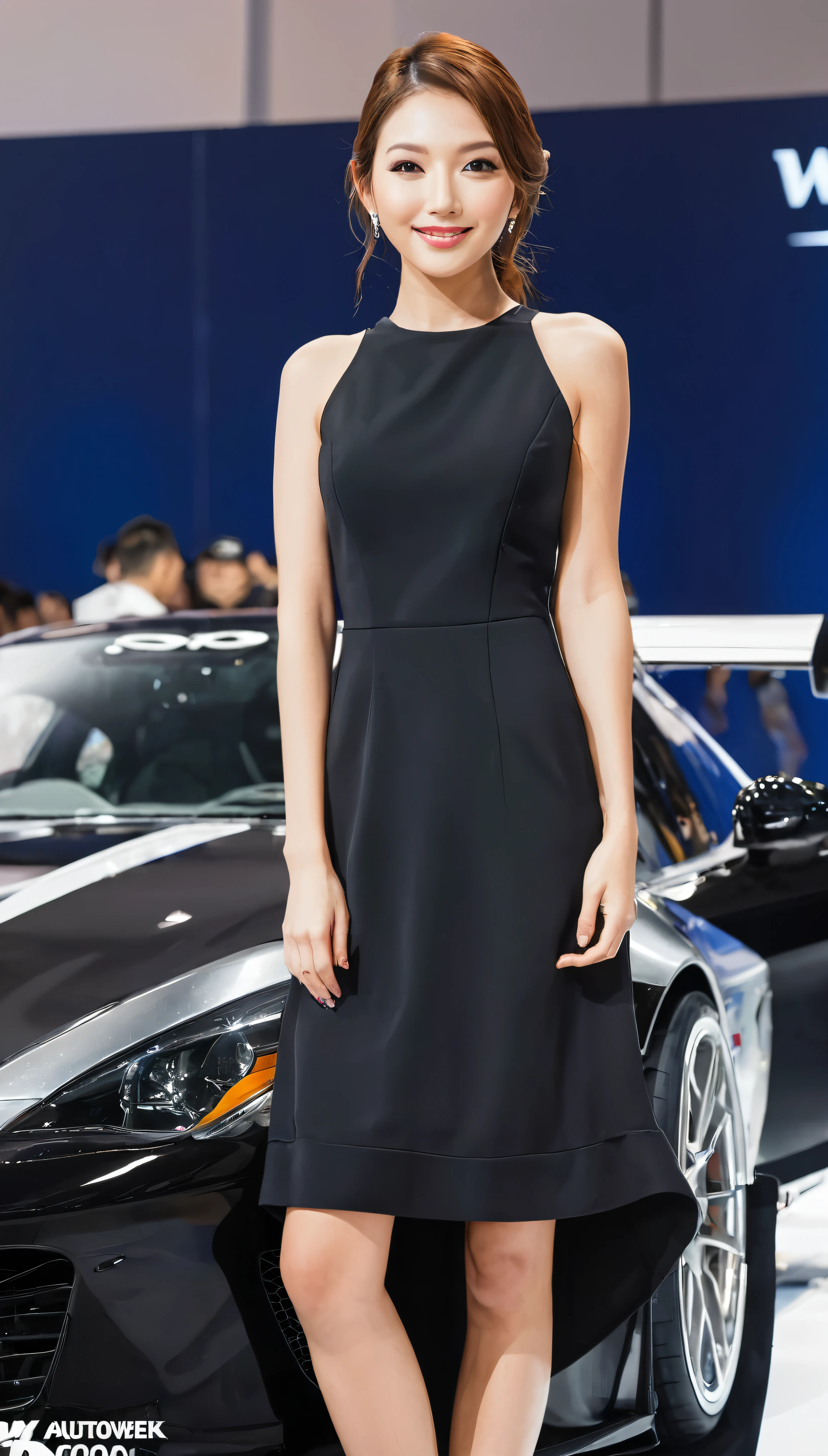 AUTO SALON X AUTOWEEK 2019 - レーシングモデル,Sora in a black dress、Gazing into the camera with a captivating smile、Embodying the glamour and elegance of your event。([America:1.1])[(Age 25:1.1)][Casually posing:1.2] She is a professional racing model.、Her passion for high performance cars is apparent in her poise and confidence.。A white knee-length gown、Creates an elongated silhouette that accentuates