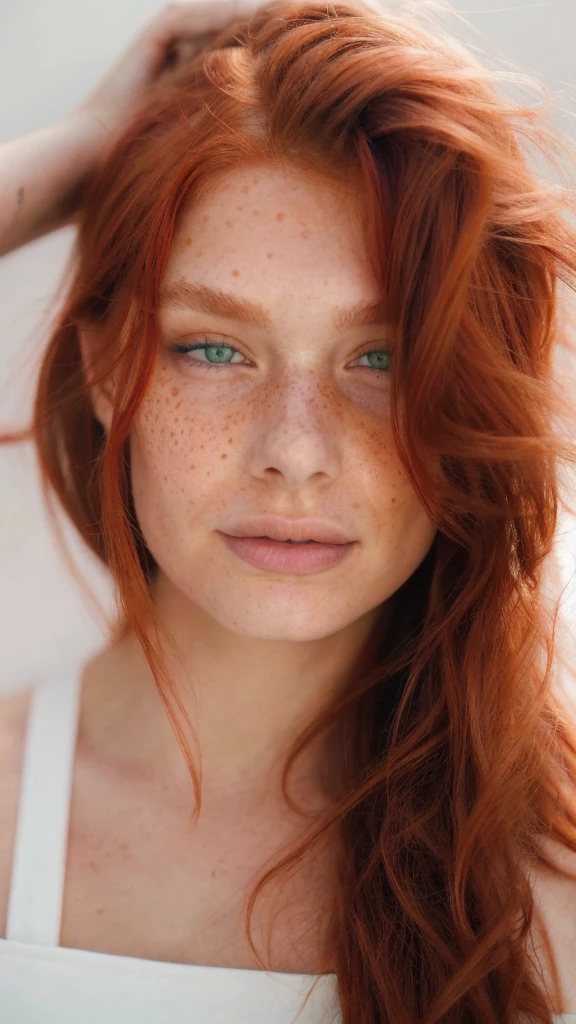 raw photo, (18yo redhead girl:1.2), graphic eyeliner, rouge, realistic skin texture, Freckles, green eyes, Smiling, instagram style, Pale white skin, redhead pattern,