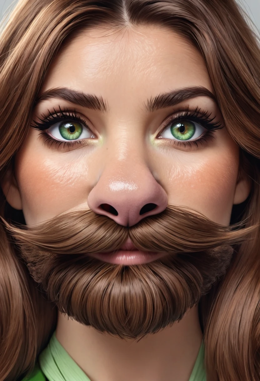 ultra sharp portrait, woman with huge shaggy beard on the cheeks under the eyes, tied brown hair, light green eyes, big nose