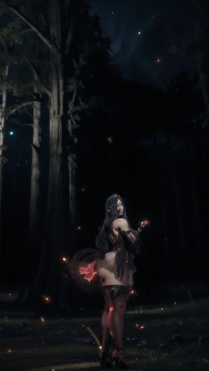 A big gorgeous real fairy in beautiful glowing red fairy frock smiling face tall thick body long black hair,full crystal magic heels (inside the big tree dark scenary) fireflies in the dark scenary