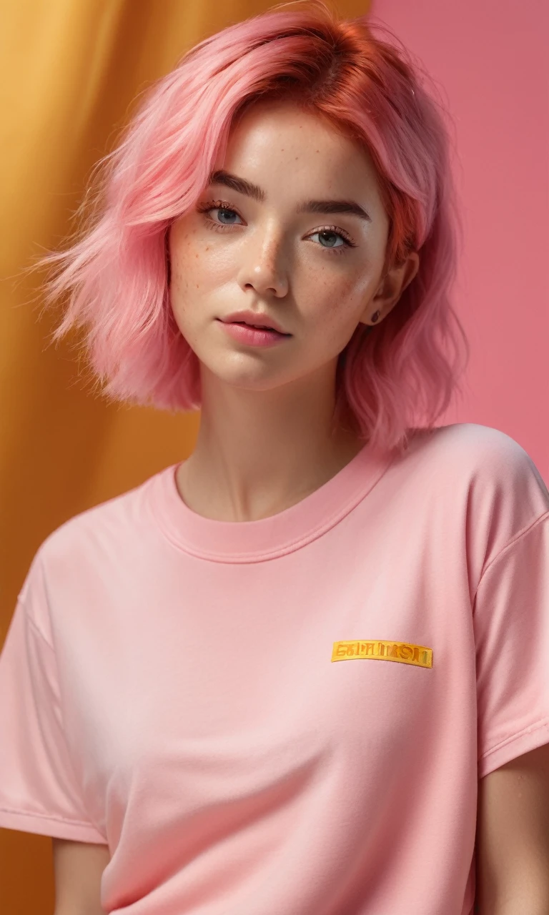 (masterpiece,best quality, ultra realistic,32k,RAW photo,detail skin, 8k uhd, dslr,high quality, film grain:1.1), short hair , pink hair hair:1.1,portrait,lady, brown eyes, DayGlo yellow Pajama pants and oversized t-shirt, freckles, (Rust gradient background,led light, edge light, simple background)