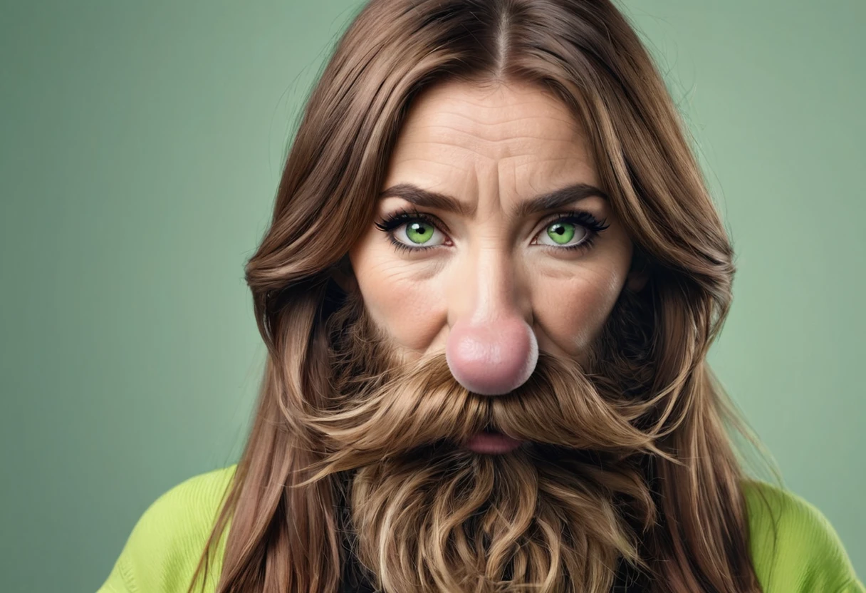 ultra sharp portrait, woman with huge shaggy beard on the cheeks under the eyes, tied brown hair, light green eyes, big nose