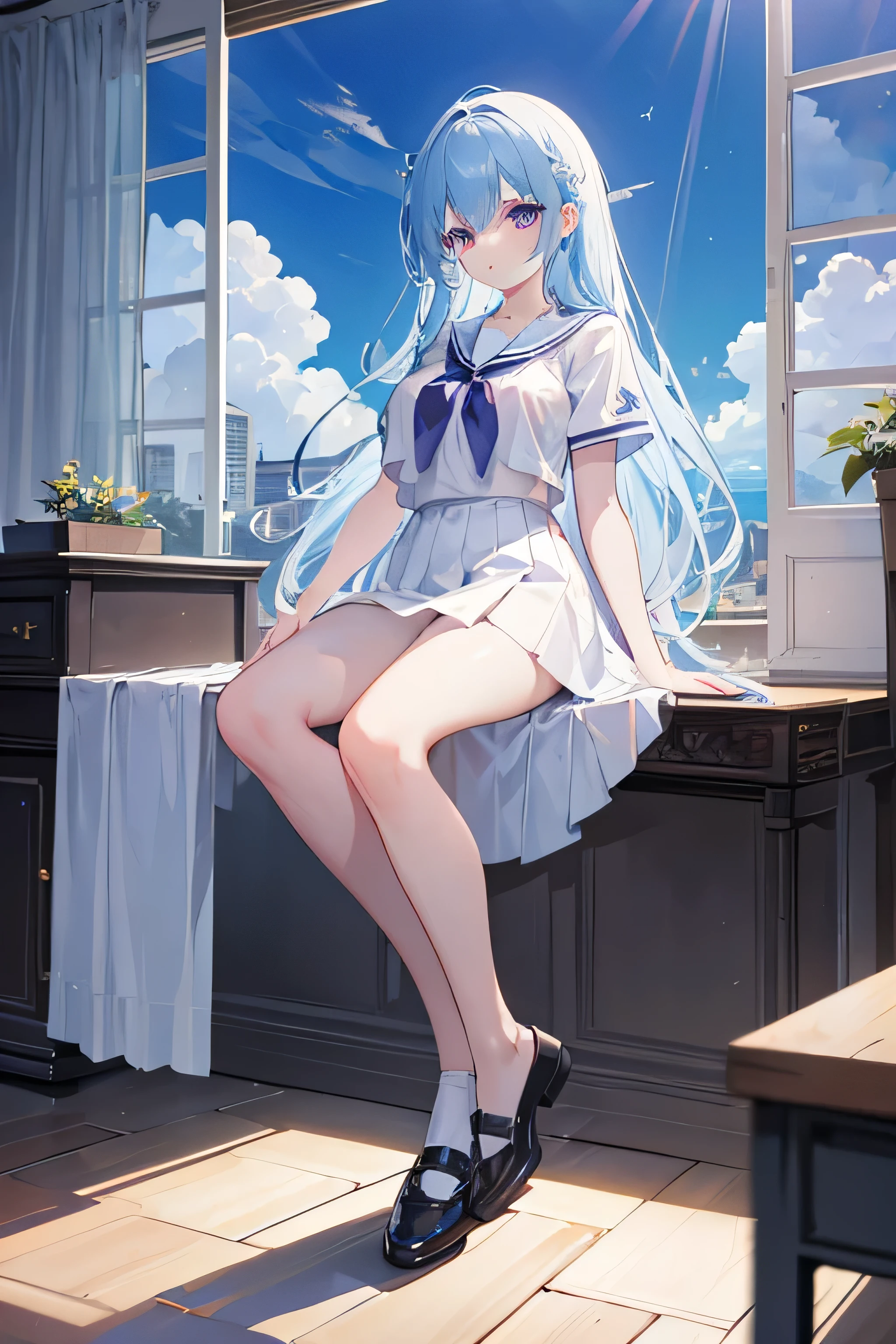 full body, masterpiece, 8k, ultra HD, sharp focus, details hair, beautiful hair, details face, beautiful detail eye, perfect hand, soft lighting.
1girl, long hair, light blue hair, dark purple eyes, large breast, sails suit, summer , white skirt, no school shoes, black panties, no socks.
in classroom, sit on desk, beside window, blue sky, nice clouds