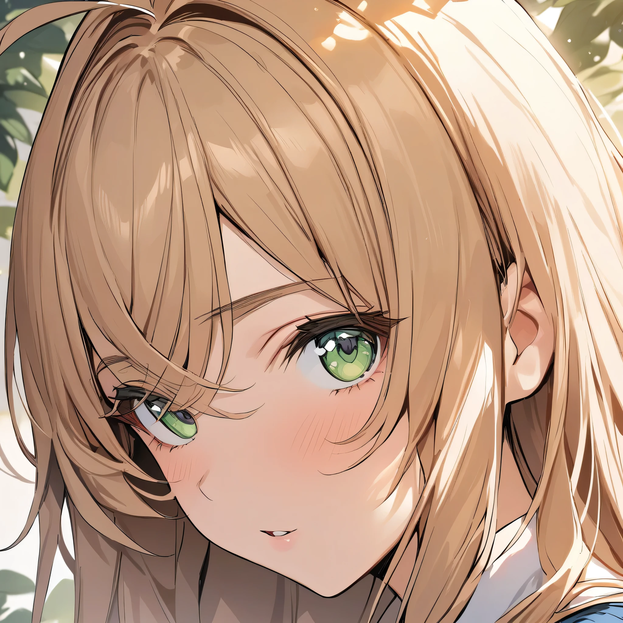 (masterpiece),(best quality),(ultra-detailed),(best illustration),(best shadow),(absurdres),(detailed background),(very aesthetic), sonsaku_hakufu, blonde hair, long hair, ahoge, green eyes, portrait, very close-up,