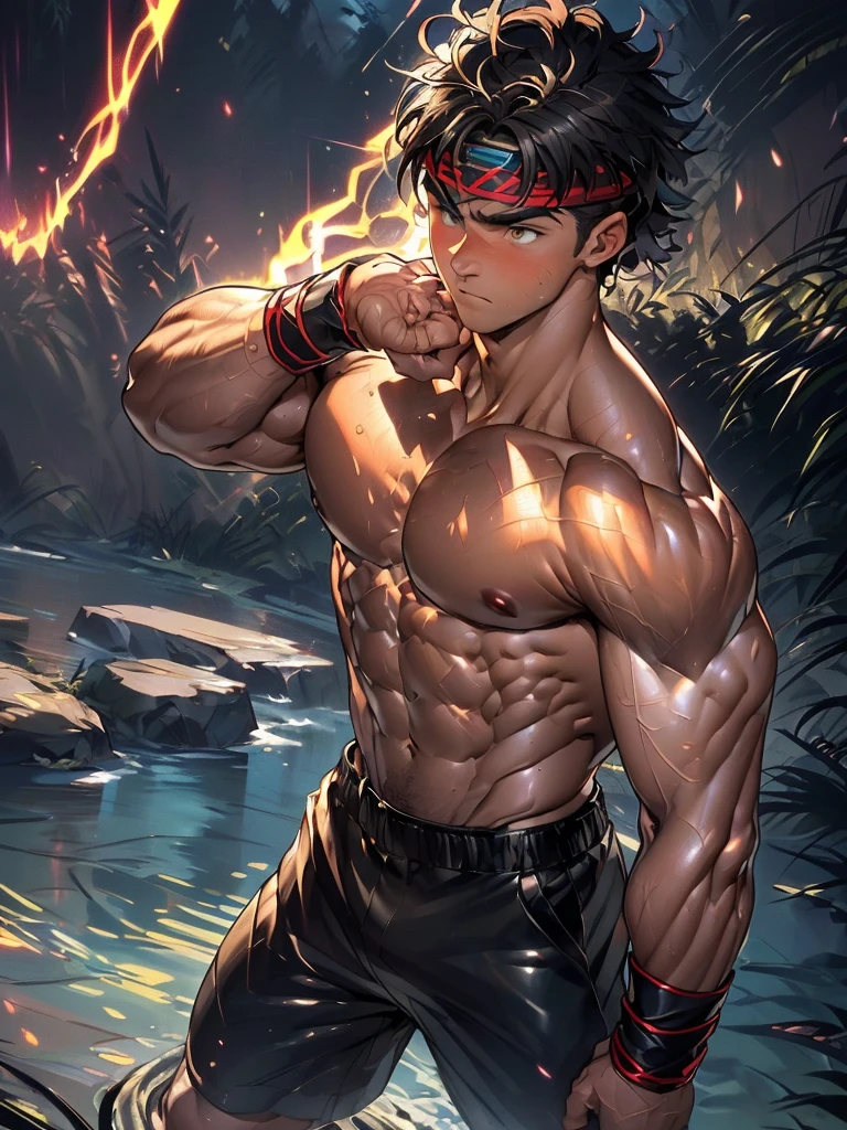 (Masterpiece, Best quality 19 year old boy, black background, cowboy shot), solo, Young, boy, muscler, Shirtless, topless, (Dark Short straight hair, under cut, brown eyes), (red headband, ((leather fingerless grobe, black wristband))), ((hot Abs:1.2, big breast:1.2, chest!, muscler upper arms), Vivid colors, muscler!, muscler, muscler body, (aura power:1.4), detailed face, detailed muscle, (((A magical mystical aura, rippling muscles, fighting pose, struggle, combats, fighting, chilling atmosphere, subtle color tones)))