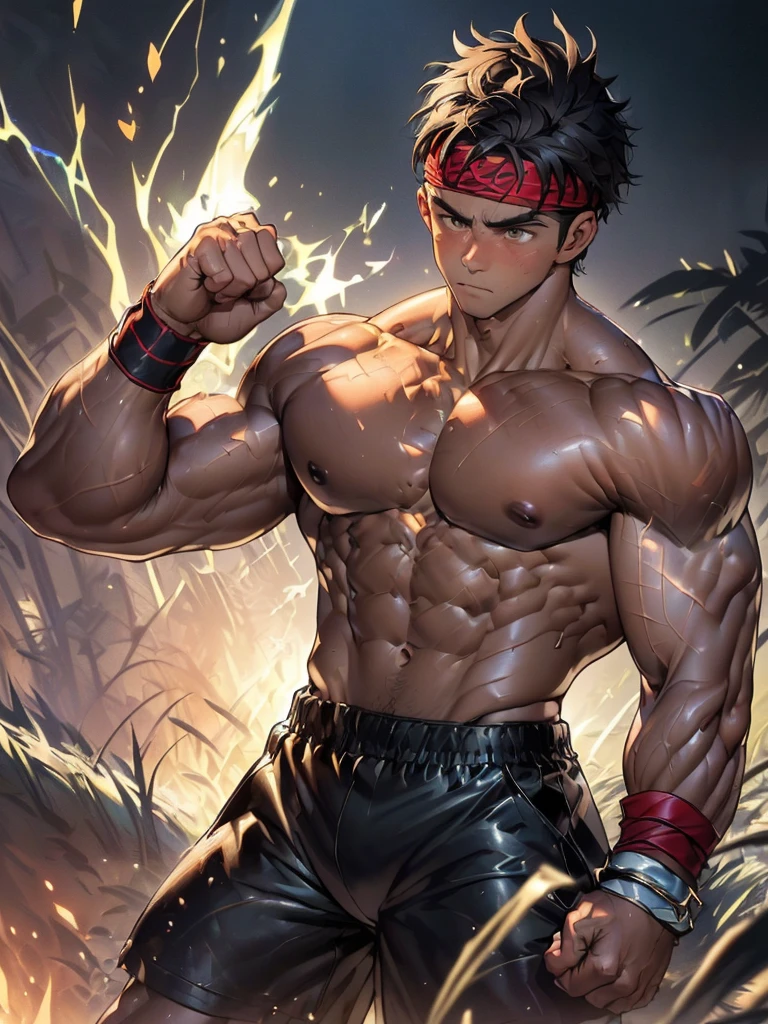 (Masterpiece, Best quality 19 year old boy, black background, cowboy shot), solo, Young, boy, muscler, Shirtless, topless, (Dark Short straight hair, under cut, brown eyes), (red headband, ((leather fingerless grobe, black wristband))), ((hot Abs:1.2, big breast:1.2, chest!, muscler upper arms), Vivid colors, muscler!, muscler, muscler body, (aura power:1.4), detailed face, detailed muscle, (((A magical mystical aura, rippling muscles, fighting pose, struggle, combats, fighting, chilling atmosphere, subtle color tones)))