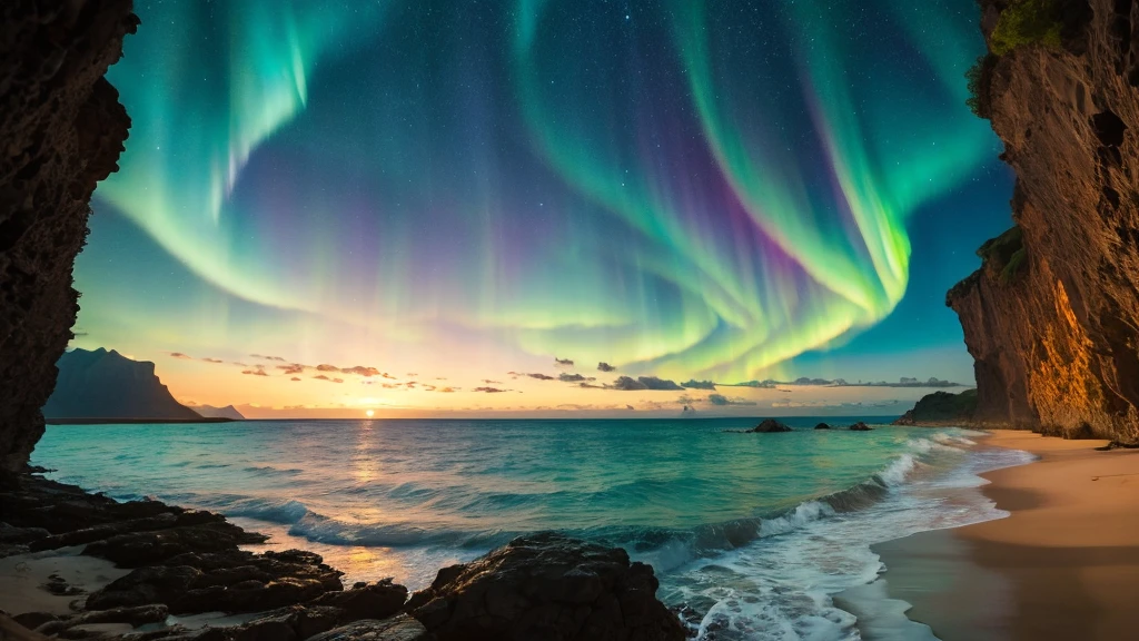 (Soar:1.1), (meteor:1.2), (comet:1.1), Low - Angle, Alolan Aurora, meteor, Highest quality, masterpiece, cloud, Rich and colorful, Medieval World、Fantastic beaches, summer, Ocean view, Small islands々、