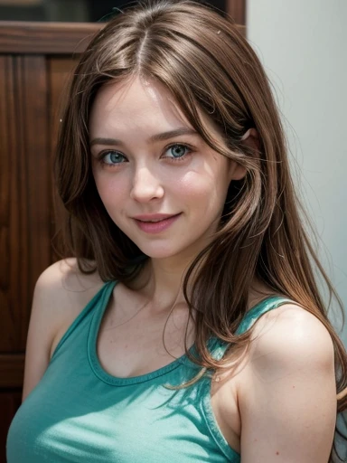 White woman, 35 years old, Brown hair, long hair, Nice hair, Green eyes, Nice face, Nice body, shy, laughing, blue tank top