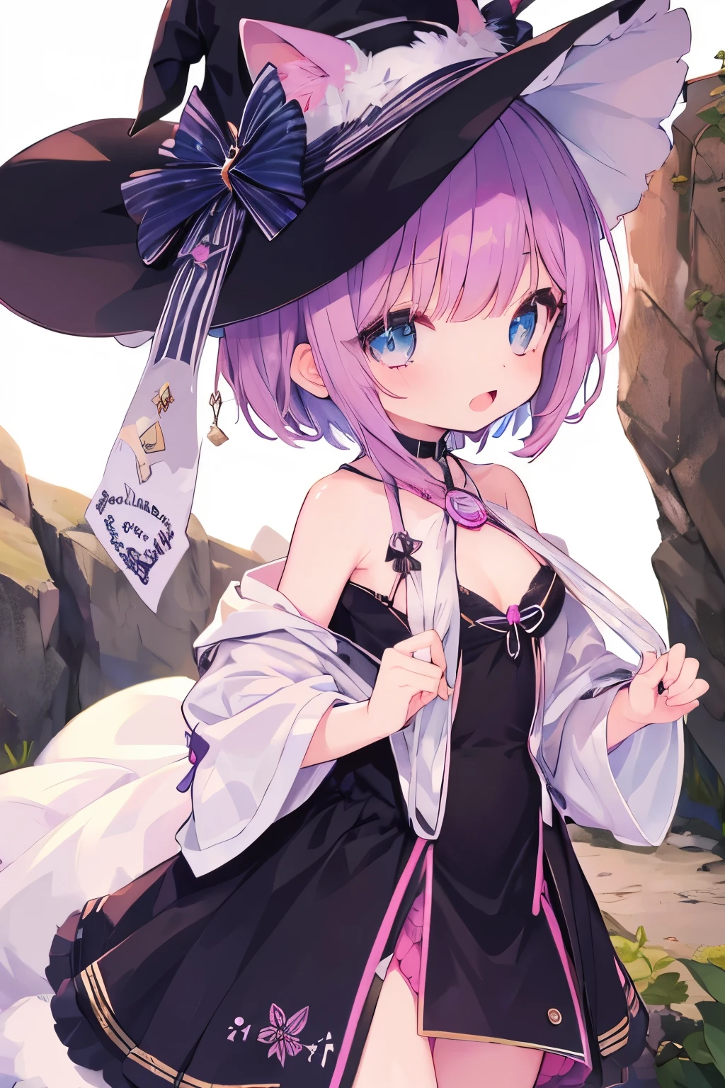NSFW,、Young、Witch、Wearing a collar、Very beautiful and Shining Eyes、Shining Eyes、1 girl、Small breasts、Big Mouth、high school girl、Small breasts、Cat ear、Transparent pink short hair、