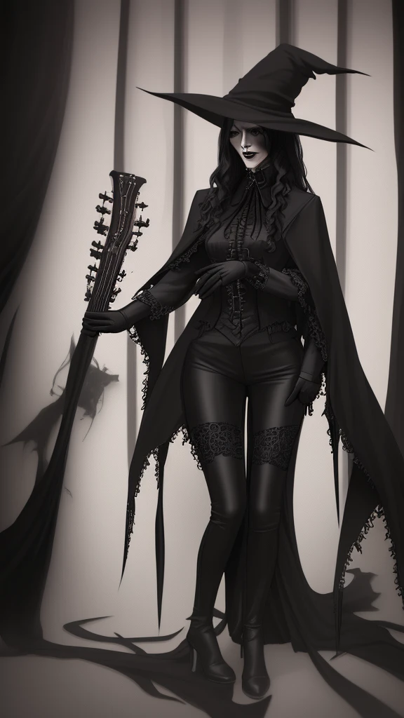 a mature woman with electric guitar, witch hat, vampire-like suit, black leather pants, black gloves, long wavy light brown hair, dark moody atmosphere, dramatic lighting, gothic aesthetic, cinematic, high contrast, dark colors, gritty, grunge, complex background, intricate details, photorealistic, 8k, masterpiece