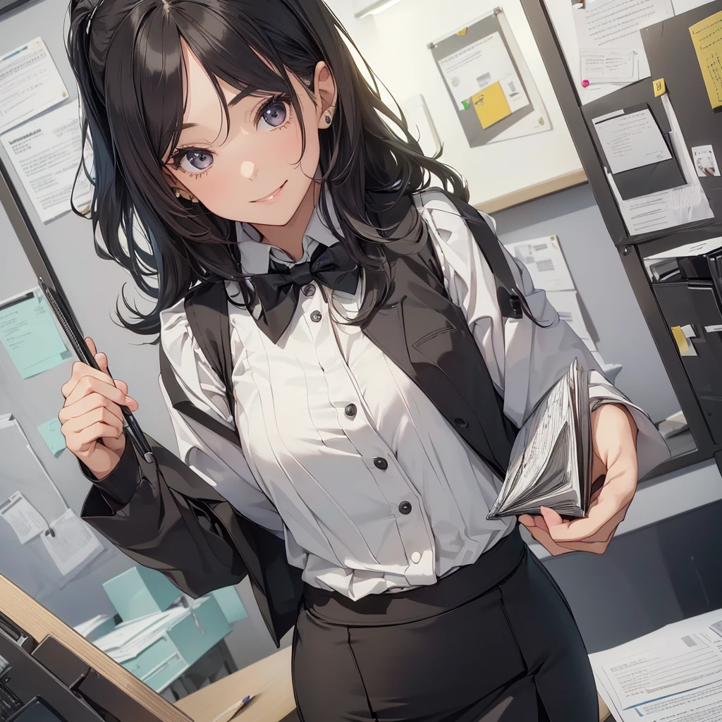 1 girl, Solo, 35 years old, Best Quality, Ultra-detailed, 8K, High resolution, Detailed face, from below, black hair, (((half up))), light smile, happy, (((office leady, office uniform, vest, bowtie, pencil skirt, ID card))), in the office, holding a bundle of papers,