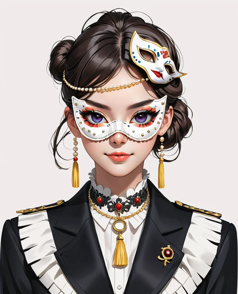 (Digital Illustration,Detailed anime style,Pearl tassel eye mask,Portrait of girl wearing mask eye patch,Solitary,symmetry),(Big colorful eyes,Fashionable and exquisite facial features,Exquisite makeup,Sweet smile,Soulful gaze,),(Fluffy bun,Hairpin),(Black suit,Epaulettes-Chain,cool,),Clean and simple white background,(((Correct human anatomy)))