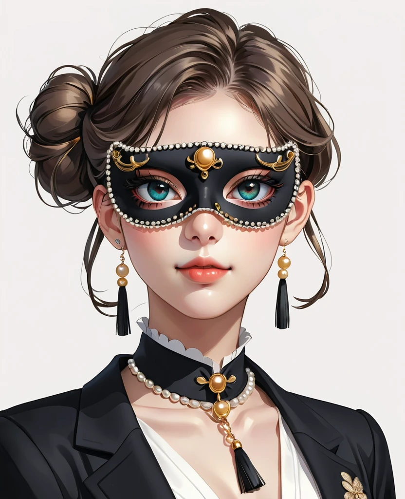 (Digital Illustration，Detailed anime style，Pearl tassel eye mask，Portrait of girl wearing mask eye patch，Solitary，symmetry)，(Big colorful eyes，Fashionable and exquisite facial features，Exquisite makeup，Sweet smile，Soulful gaze，)，(Fluffy bun，Hairpin)，(Black suit，Epaulettes-Chain，cool，)，Clean and simple white background，(((Correct human anatomy)))