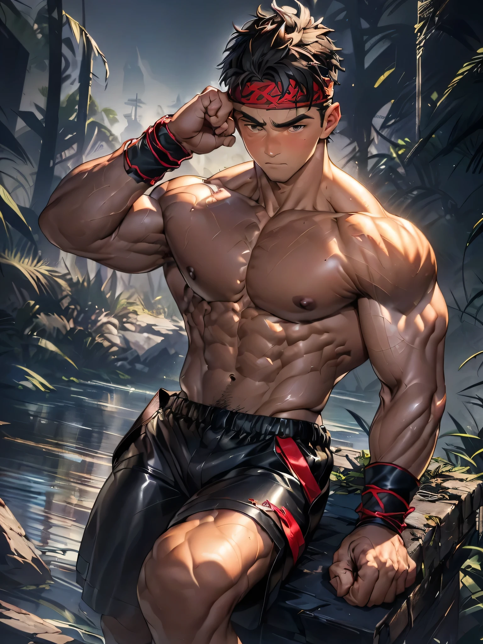 (Masterpiece, Best quality 19 year old boy, black background, cowboy shot), solo, Young, boy, muscler, Shirtless, topless, (Dark Short straight hair, under cut, brown eyes), (red headband, ((leather fingerless grobe, black wristband))), Vivid colors, muscler!, muscler, muscler body, (aura power:1.4), detailed face, detailed muscle, (((A magical mystical aura, rippling muscles, fighting pose, struggle, combats, chilling atmosphere, subtle color tones)))
