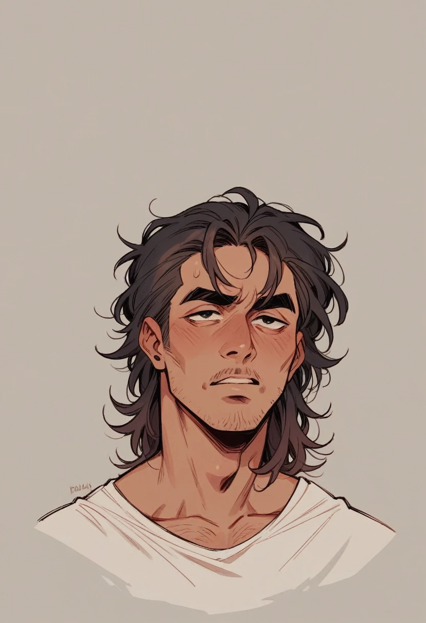 naughty man, brown skin, clear green eyes, brown curly hair, paint on the chin and defined body, 195cm tall and 80kg in weight, sem pelos faciais, long shirt 