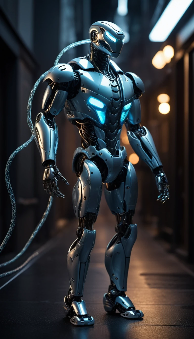 Translucent movie stills (Snake robot:1.5), (Glowing Veins:1.3) (The cable enters the body, circuit:1.3), Very detailed, Vignette, Very detailed, High budget, Bokeh, Sulky, amazing, nice, Film Grain, granular