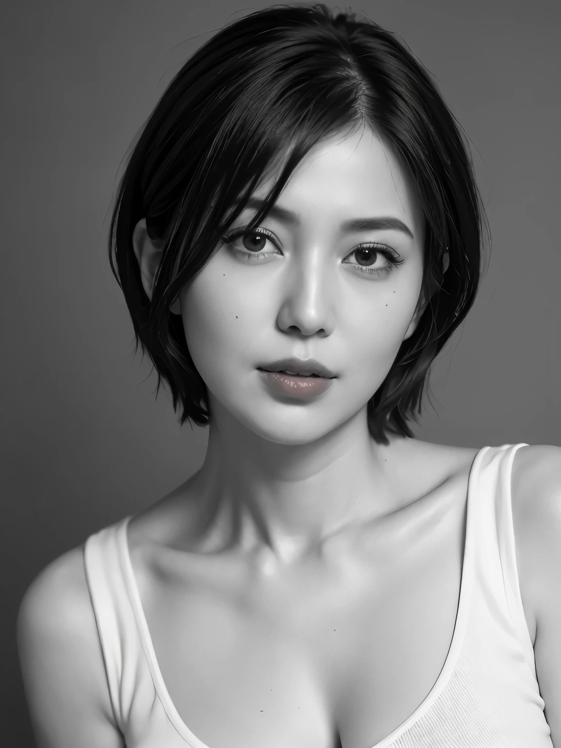 Highest quality, Realistic, Very detailed, High resolution, 8k wallpaper, RAW Photos, Professional photography, Realistic, 1 Girl, (((Black and white photography))), (((Only lips red))), Upper Body, short hair, Bob Hair, Straight hair, Shapely small breasts, Perfect Face, (Face close-up), ((Looking into the camera)), (From below)