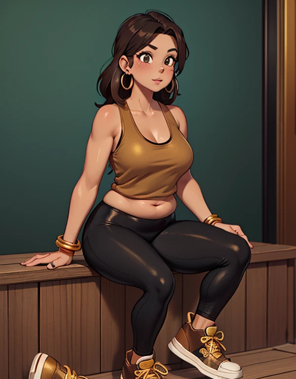 (Pudgy figure:1.2)1girl, alone, Latina, 42-years-old, milf, mature female, (tan-bronze skin:1.5), long brown hair, (Wearing: red tank-top, black leggings, golden earrings, golden bracelets, sneakers:1.2)
