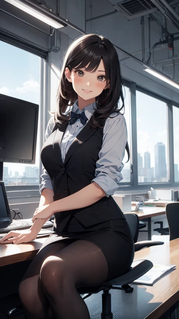 1lady sitting (crossed legs), office worker (stylish outfit), (gray vest) (pencil skirt), mature female, /(dark brown hair/) bangs, blush kind smile, (masterpiece best quality:1.2) delicate illustration ultra-detailed, large breasts, pantyhose BREAK (modern office indoors), window cityscape, detailed background