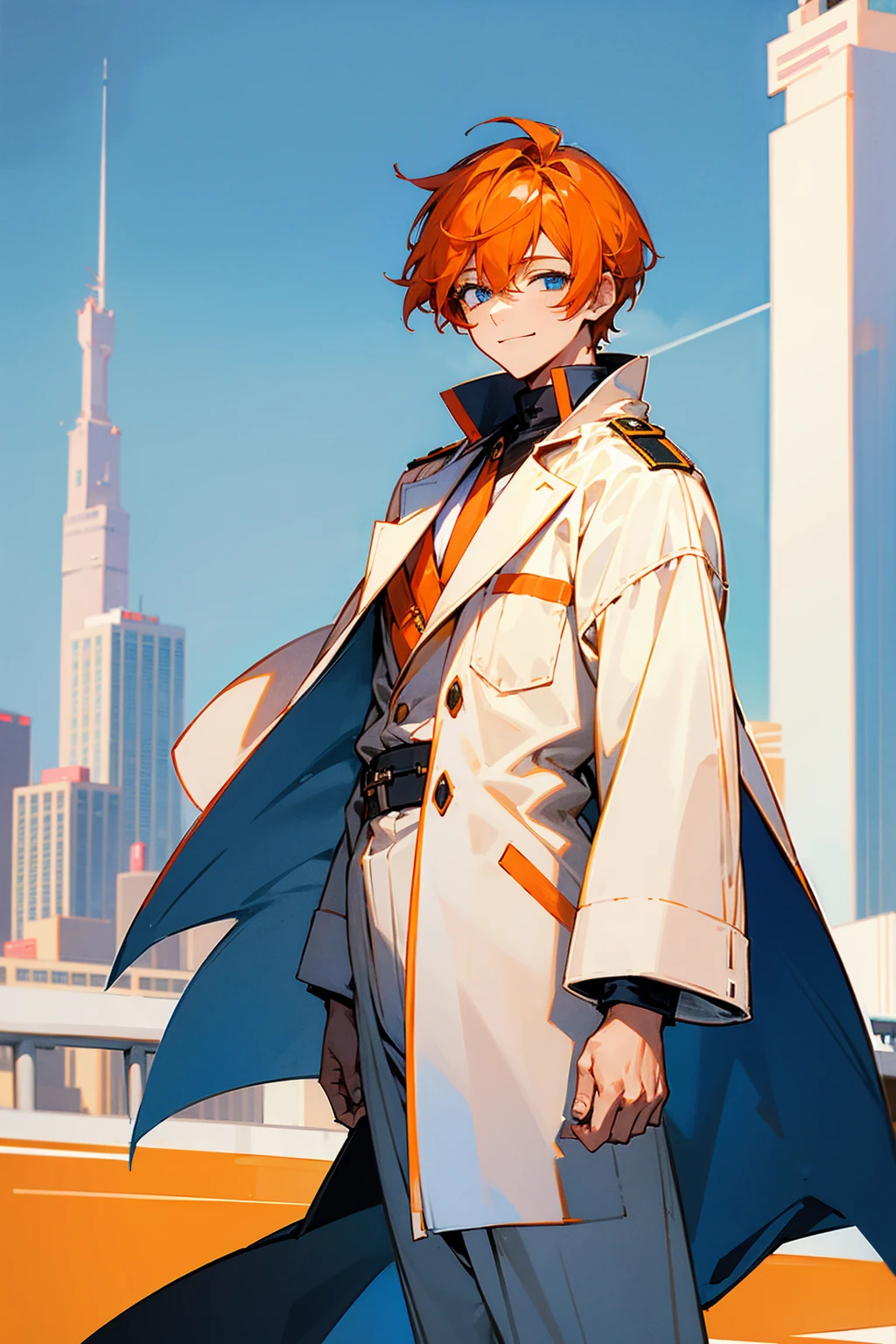 1male ,Happy Expression ,White Lab Coat , Military , Standing in Modern City Background , Orange Hair , Blue Eyes