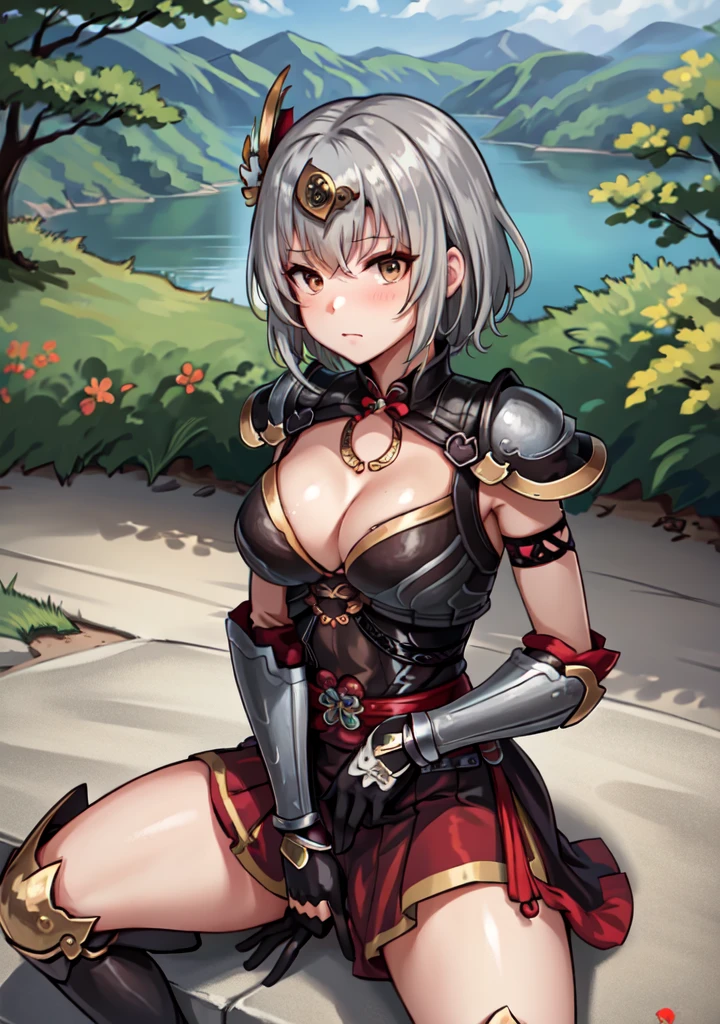 Highest quality, (masterpiece:1.2), figure, Absurd,
(One girl, alone), (Beautiful detailed girl),
Lu Lingqi, Grey Hair, Brown eyes,  short hair, 
Headpiece, Armored Boots, gloves, 
Grassy mountain々, wood, Japanese architecture, river, plant,, Place your hands between your legs, (Upper Body, Portraiture),,
View your viewers, have confidence,  I am proud,Bikini Armor, Exposed abdomen