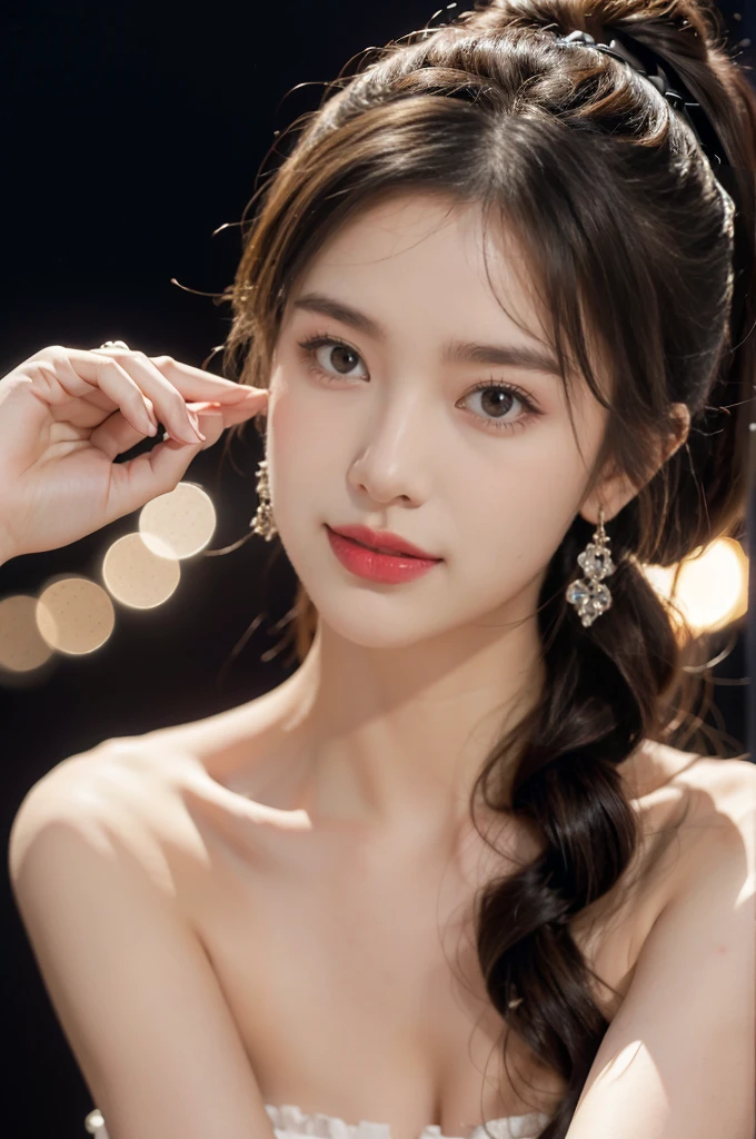 1girl,bangs,bare arms,collar,strapless white lace bellyband,cleavage,detailed background,detailed eyes,brown hair,earrings,upper body,jewelry,slim,flat chest,ponytail,looking at viewer,makeup,night scene,red lips,signature,laughing,solo,On the T-stage,fashion show,Surrounded by crowded crowds on both sides of the stage,neon lights