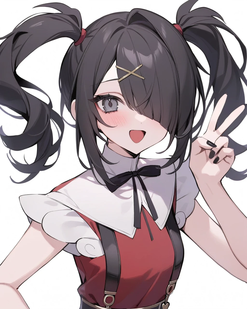 masterpiece,best quality,ame-chan \(needy girl overdose\),1girl,solo,black hair,twintails,v,hair over one eye,black ribbon,white background,open mouth,simple background,,x hair ornament,black nails,neck ribbon,looking at viewer,blush,nail polish,suspenders,grey eyes,bangs,:d,hairclip,red sh,