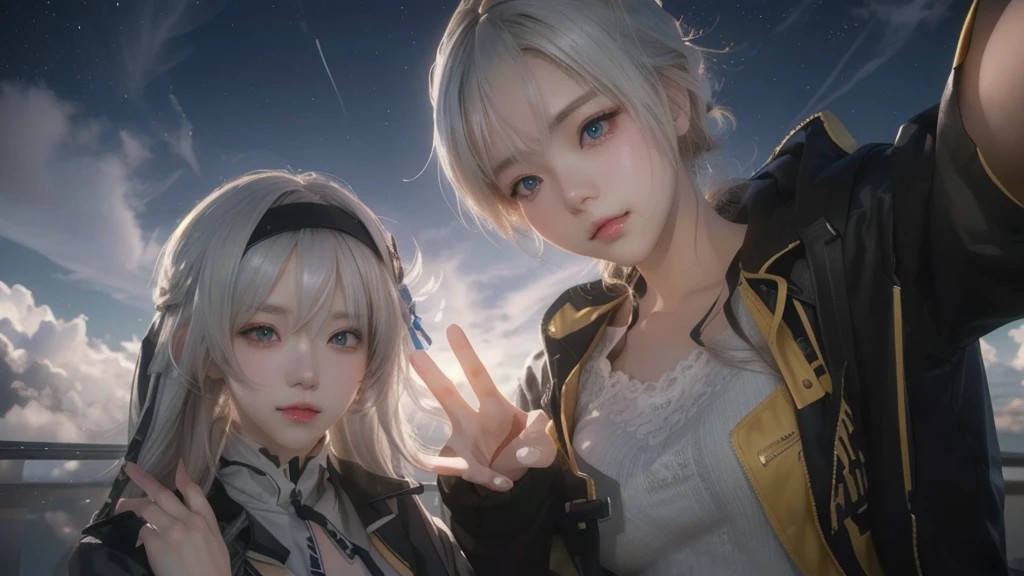 anime characters posing for a picture in front of a cloudy sky, artwork in the style of guweiz, realistic anime 3 d style, from girls frontline, 3 d anime realistic, wlop and sakimichan, anime style. 8k, best anime 4k konachan wallpaper, focus on two androids, guweiz, trending on cgstation