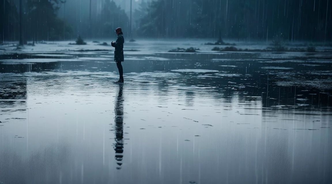 A lot of rain is falling on the mirror-like surface of the water, and it keeps raining all the time, (Photographic, Best Quality, High Quality, Highres:1.4), Detailed, Extremely Detailed, Ambient Soft Lighting, 4K, Background, Depth of Field,