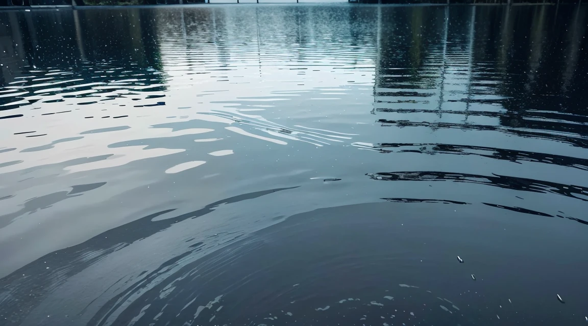 A lot of rain is falling on the mirror-like surface of the water, and it keeps raining all the time, (Photographic, Best Quality, High Quality, Highres:1.4), Detailed, Extremely Detailed, Ambient Soft Lighting, 4K, Background, Depth of Field, 