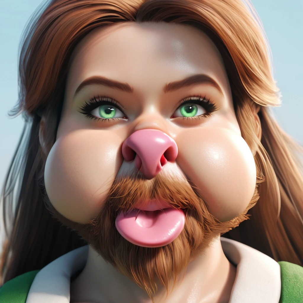 ultra sharp portrait, woman with huge shaggy beard on the cheeks under the eyes, tied brown hair, light green eyes, big nose