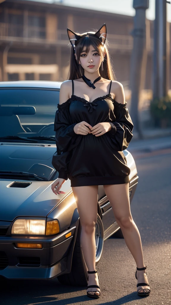 Masterpiece, 4k, Bokeh, beautiful face, (Cat ears:1.3), Beautiful girl standing by the car, TOYOTA SPRINTER trueno,
AE86, Trueno