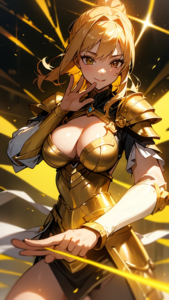 Holy Knight, Gold Armor, 4K image, rallies, best quality, masterpiece, movie lighting ,Sexy,Female warriors,Large Breasts,Cleavage,action,In battle,cleavage,Smile,noble,Holding a big hand and waving it,Golden lightning all around