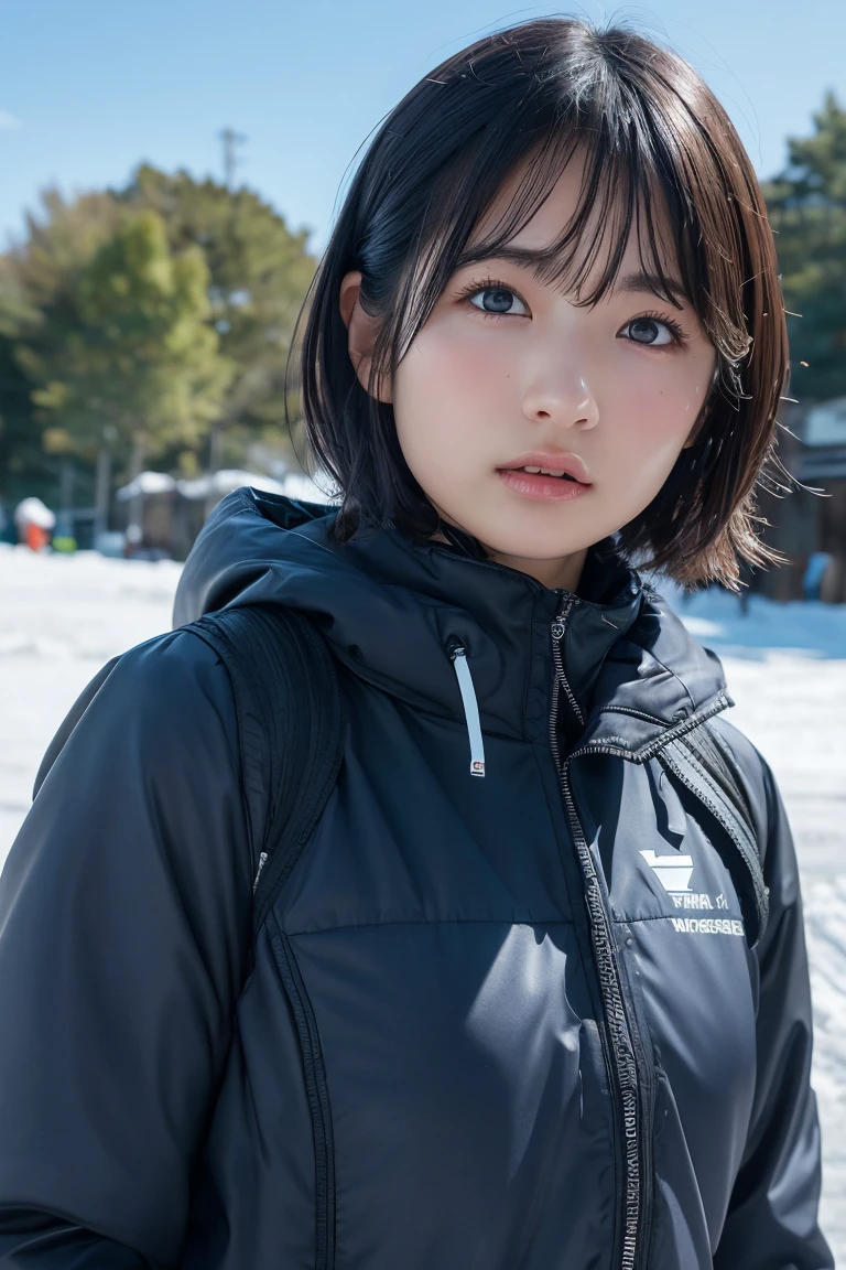 single, Blowing in the wind for a long time [Blue-black:.3] hair,View your viewers, (masterpiece:1.3), (8k, Realistic, RAW Photos, Highest quality: 1.4), Japanese, (One Girl), Beautiful Face, (Realistic Face), (black hair, short hair:1.3), beautiful hairstyle, Realistic eyes, Beautiful attention to detail, (Realistic Skin), Beautiful Skin, charm, Ultra-high resolution, Ultra-realistic, Very detailed, Ski Team - Insulated Ski Suits and Goggles,,Small eyes,Baby Face