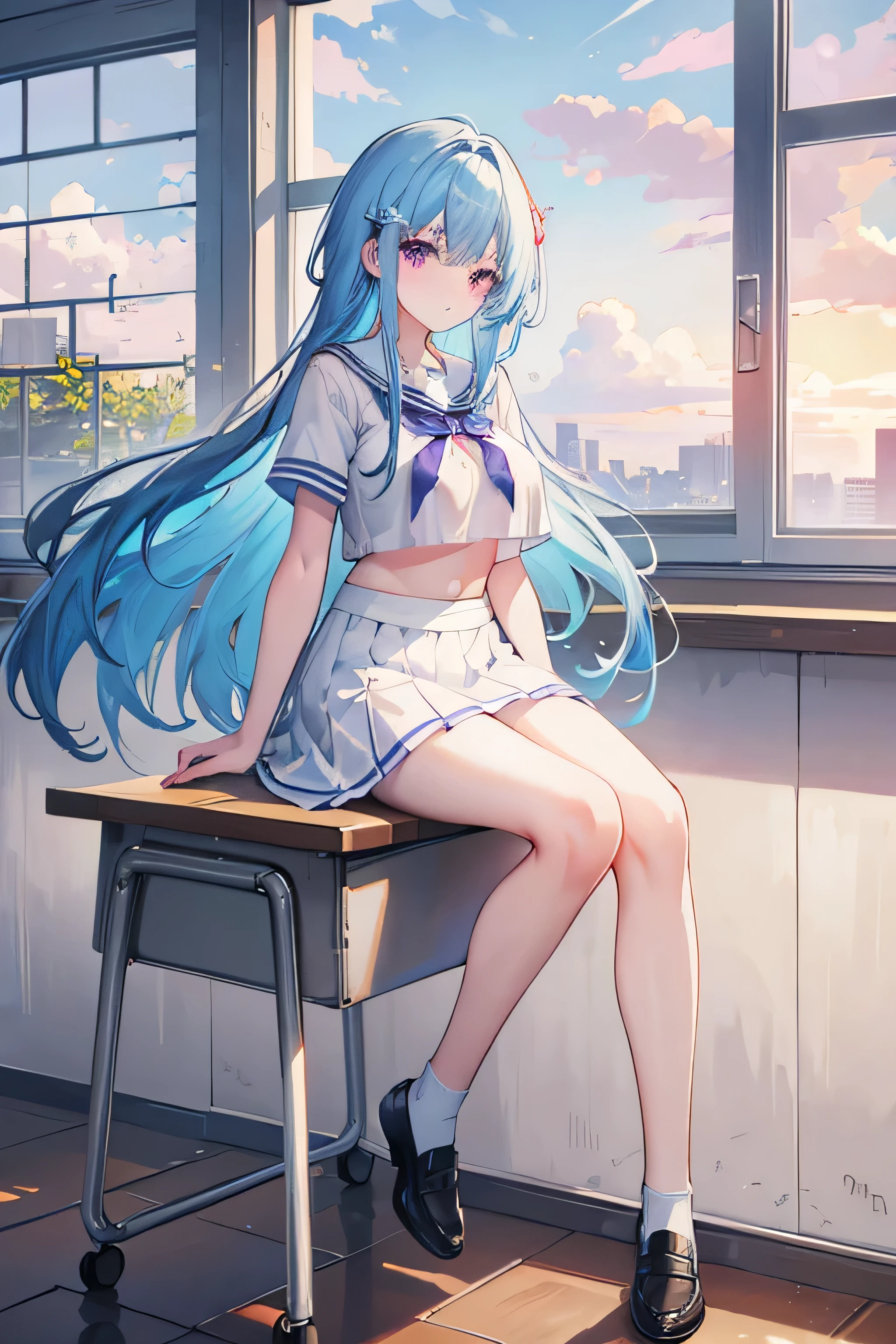 full body, masterpiece, 8k, ultra HD, sharp focus, details hair, beautiful hair, details face, beautiful detail eye, perfect hand, vibrant colours, soft lighting.

1girl, long hair, light blue hair, dark purple eyes, large breast, crop sails suit, summer , white skirt, no school shoes, black panties, no socks.

in classroom, sit on desk, beside window, blue sky, nice clouds 