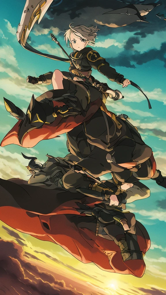 (top-quality, 8K, ?masterpiece:1.3) A portrait of an adventurous anime girl riding a majestic dragon through the skies. She wears a battle-ready outfit and has a determined expression. The background features a vast, mystical landscape with floating islands and a glowing sunset. The image should emphasize detailed scales on the dragon, her determined look, and the dynamic, magical atmosphere.