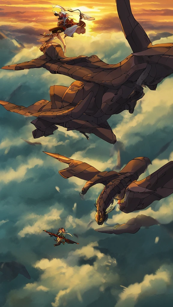 (top-quality, 8K, ?masterpiece:1.3) A portrait of an adventurous anime girl riding a majestic dragon through the skies. She wears a battle-ready outfit and has a determined expression. The background features a vast, mystical landscape with floating islands and a glowing sunset. The image should emphasize detailed scales on the dragon, her determined look, and the dynamic, magical atmosphere.