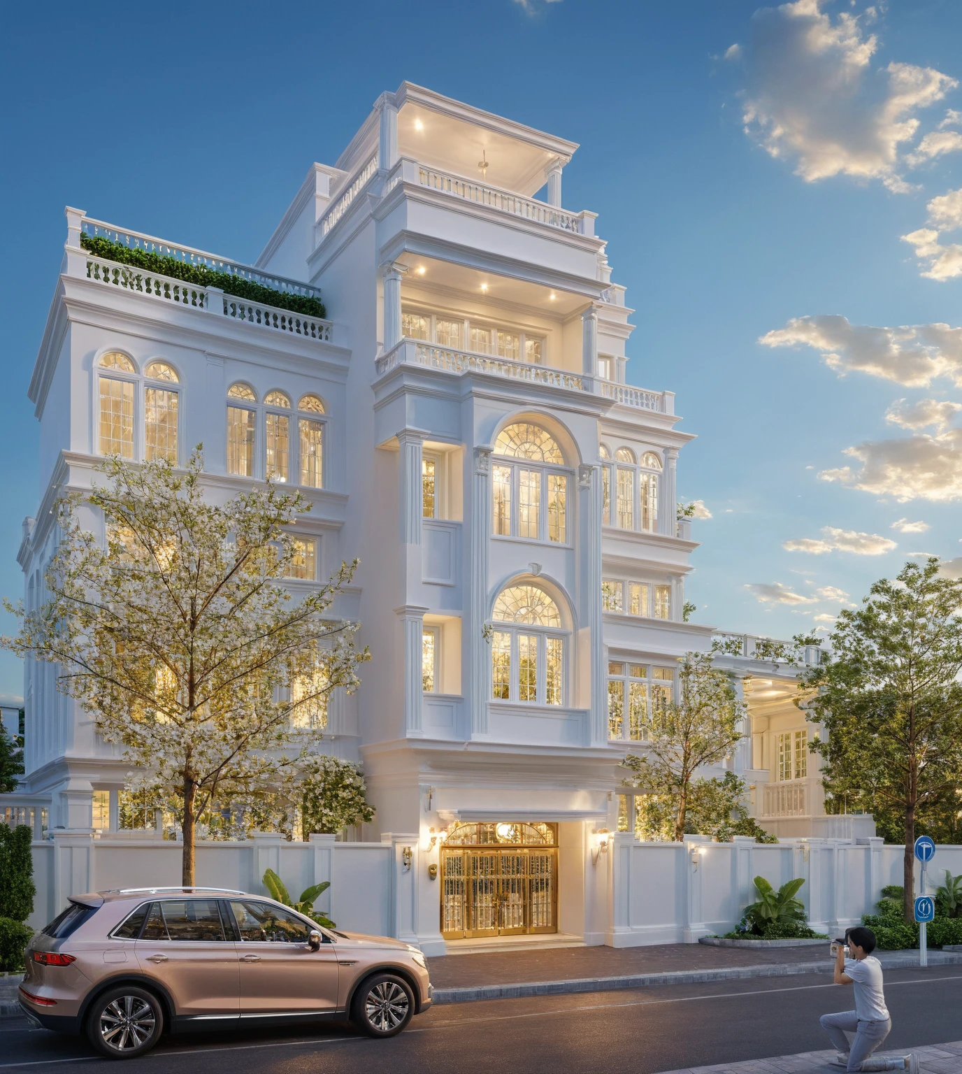 ,Masterpiece, Best quality,8K, Ultra-high resolution, rich atmosphere of luxury。Ornate crystal chandeliers hang high on the wall,Shine brightl . It is so comfortable,So much so that you can't help but indulge in it。Embellished with precious porcelain and champagne gold ornaments。Whenever it is late afternoon,The afterglow from the window spilled on the floor,Soft light and shadow are reflected,It was as if entering a dreamlanD,,Architectural style Architectural style, ((Classic Style House)),(masterpiece) , ((best quality)), dramatic lighting, high quality outdoors, sky, day, cloud, tree, blue sky, building, scenery, road, real world location, sunlight, enough detail, high resolution,super realistic, Photorealistic, highly detailed, balcony, door, car, truck, parking slot, paving, . Clean lines, architectural drawing, highly detailed , . Clean lines, geometric shapes, architectural drawing, highly detailed, (( round column : 1,3)), round pillar,