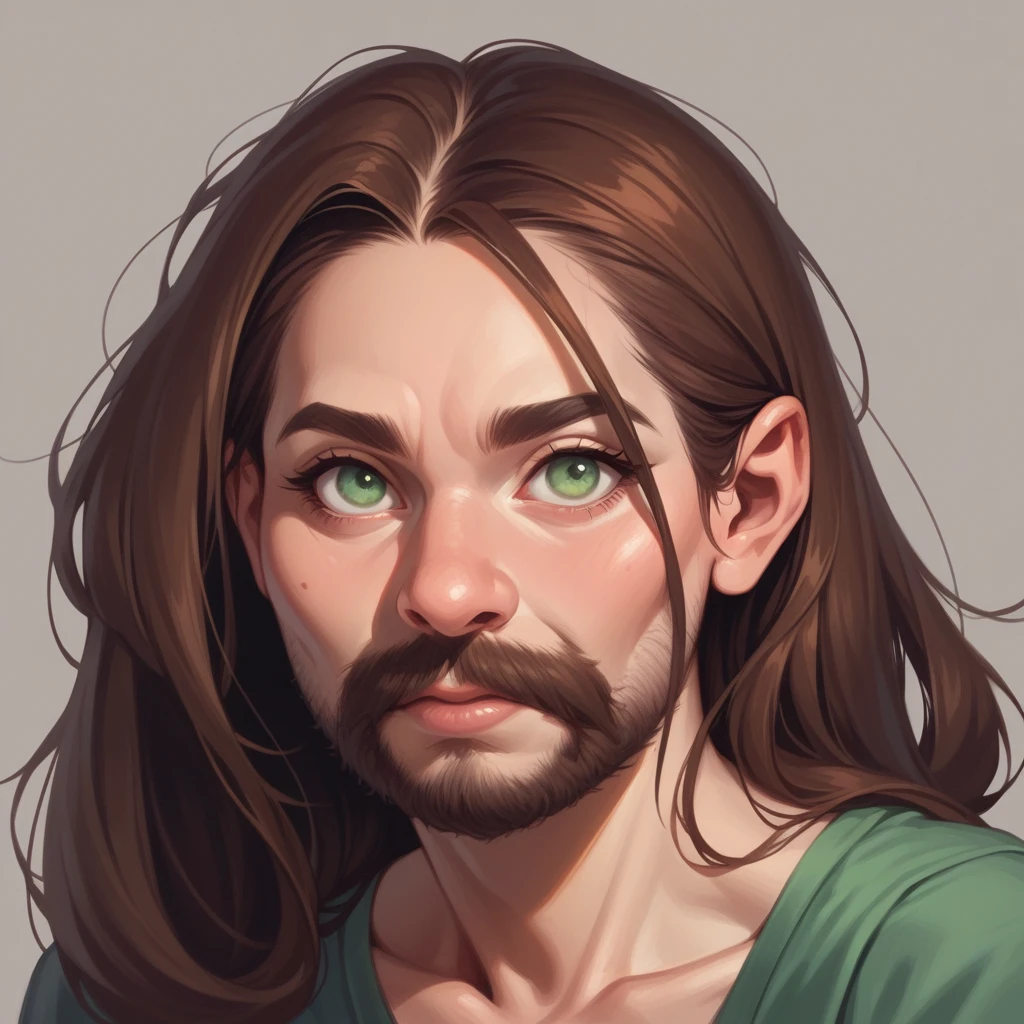 ultra sharp portrait, woman with huge shaggy beard on the cheeks under the eyes, tied brown hair, light green eyes, big nose