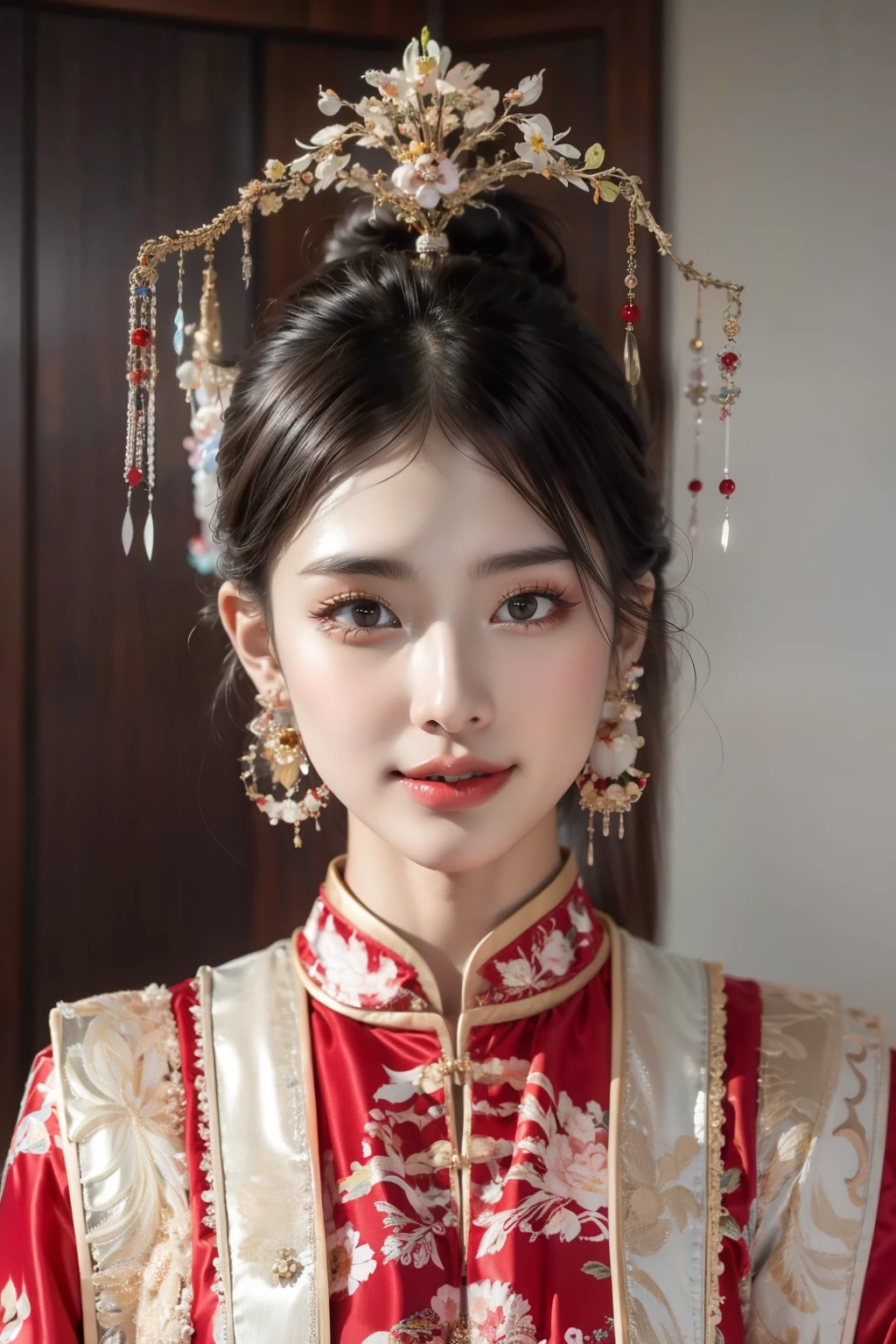 1 girl, Woman in red and gold Chinese dress，Phoenix Coronet，Chinese wedding，（masterpiece，Top quantity，Best quality，Official Art，Beauty and aesthetics：1.2），，Very detailed，，Most detailed，（ tangled:1.2), Glowing skin, Ultra-detailed skin texture，(multiple colour:1.4), ,(earrings), (feature:1.5), Same color pattern background，8K