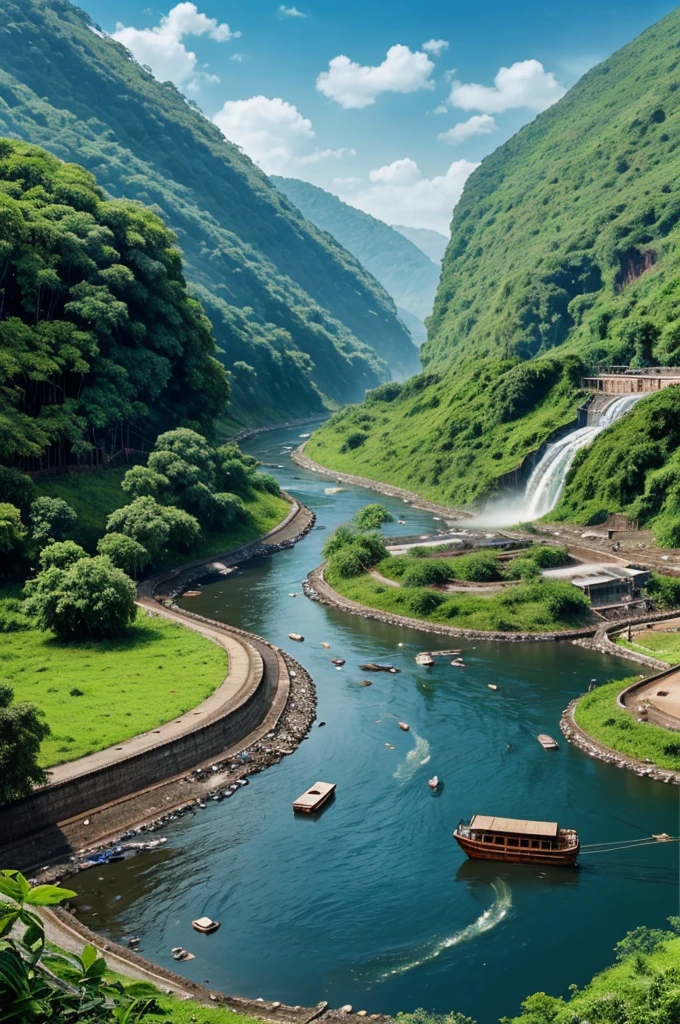 """
Create a poster with animated characters that depicts the importance of rivers in India and highlights the problems they face. The characters should include a friendly water droplet, a concerned fish, and a wise old tree. The background should show a polluted river with trash and factories, alongside a clean river with lush greenery and happy wildlife. Include a text banner that says 'Save Our Rivers, Save Our Future'.
"""