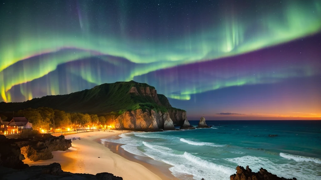 (Soar:1.1), (meteor:1.2), (comet:1.1), Low - Angle, Alolan Aurora, meteor, Highest quality, masterpiece, cloud, Rich and colorful, middle ages,Fantastic beaches, night,summer, Ocean view, night景,