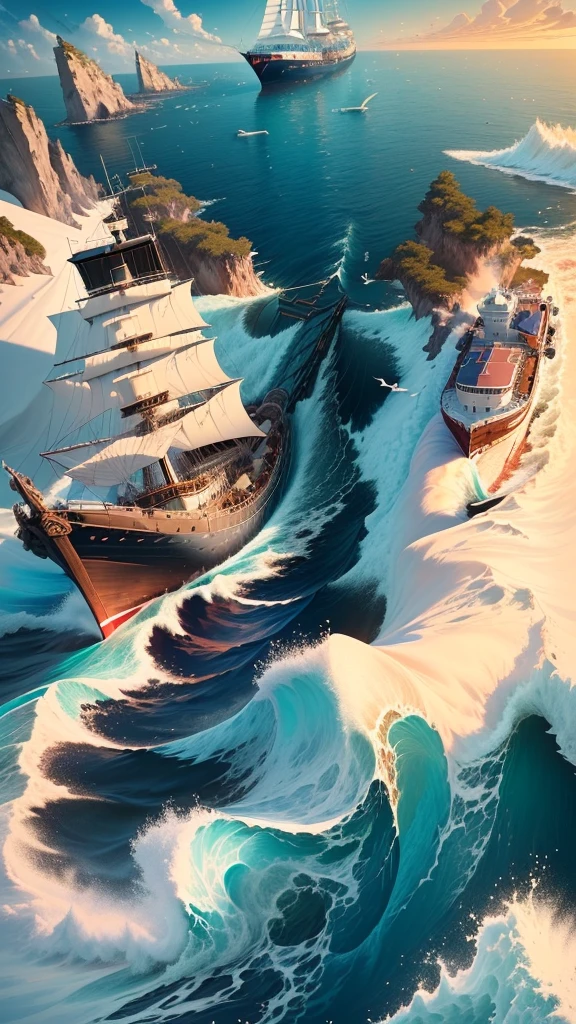 A ship floating on the sea,Barrels and scattered reins were neatly placed on the wooden deck.,In the distance, two ships are floating on the rough sea.,An island in the distance,There is also blue sky, white clouds and seagulls,Natural light,High-definition quality,High-quality posters,A painting,There is a boat docked at the pier in the painting,A lighthouse in the background, detailed Line Art, Full-page illustrations, Coloring Pages, Stylized lines, Full-page illustrations, Boat background, intense Line Art, Line Art, Thick lines, Published Artworks, Line Art, Coloring Pages, hyper detailed Line Art, background technology, Line Art colouring page