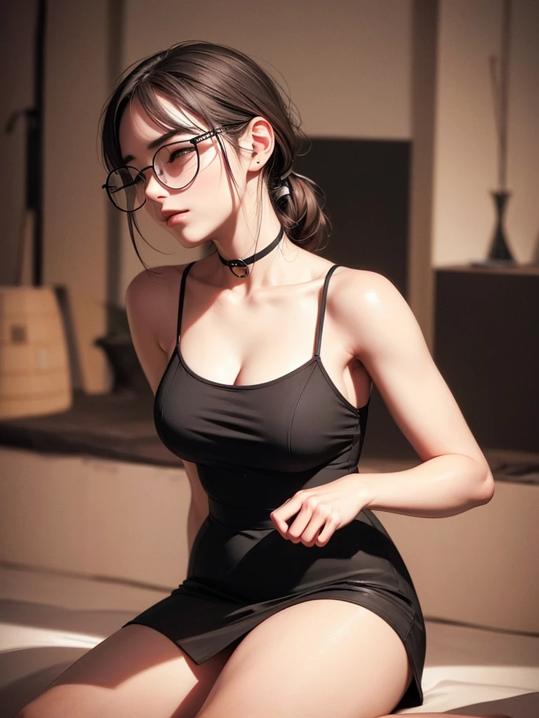 1girl, sitting, round glowing glasses, modern black teenage dress, sitting on white sofa, 4 large muscular black men in the background, (best quality,4k,8k,highres,masterpiece:1.2),ultra-detailed,(realistic,photorealistic,photo-realistic:1.37),HDR,vivid colors,dramatic lighting,cinematic,intricate details,hyperrealistic,chiaroscuro lighting,elegant,graceful pose 