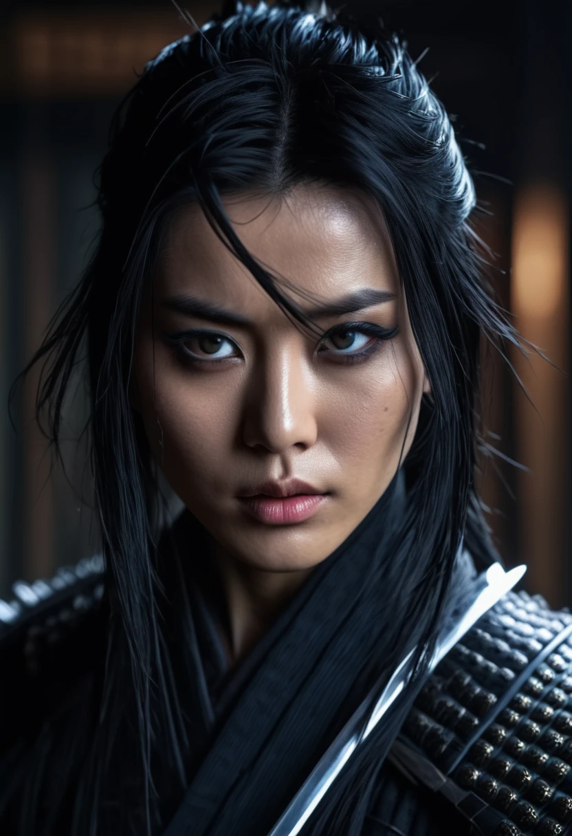 a powerful samurai warrior, extremely detailed face, piercing intense eyes, raven black hair, pale skin, dark ninja outfit, dramatic lighting, cinematic angle, hyperrealistic, 8k, highly detailed, photorealistic, portrait