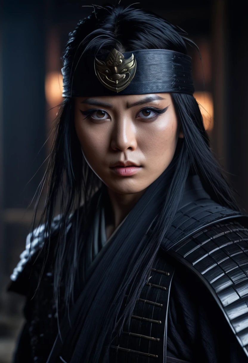 a powerful samurai warrior, extremely detailed face, piercing intense eyes, raven black hair, pale skin, dark ninja outfit, dramatic lighting, cinematic angle, hyperrealistic, 8k, highly detailed, photorealistic, portrait