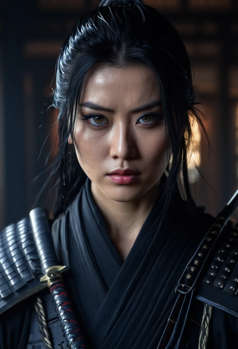 a powerful samurai warrior, extremely detailed face, piercing intense eyes, raven black hair, pale skin, dark ninja outfit, dramatic lighting, cinematic angle, hyperrealistic, 8k, highly detailed, photorealistic, portrait