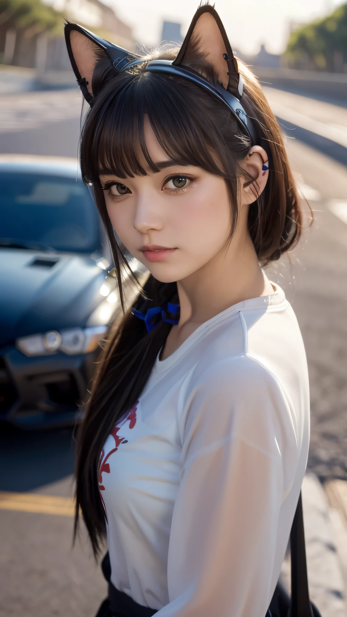 Masterpiece, 4k, Bokeh, beautiful face, (Cat ears:1.3), Beautiful girl standing by the car, TOYOTA SPRINTER trueno, 
AE86, Trueno